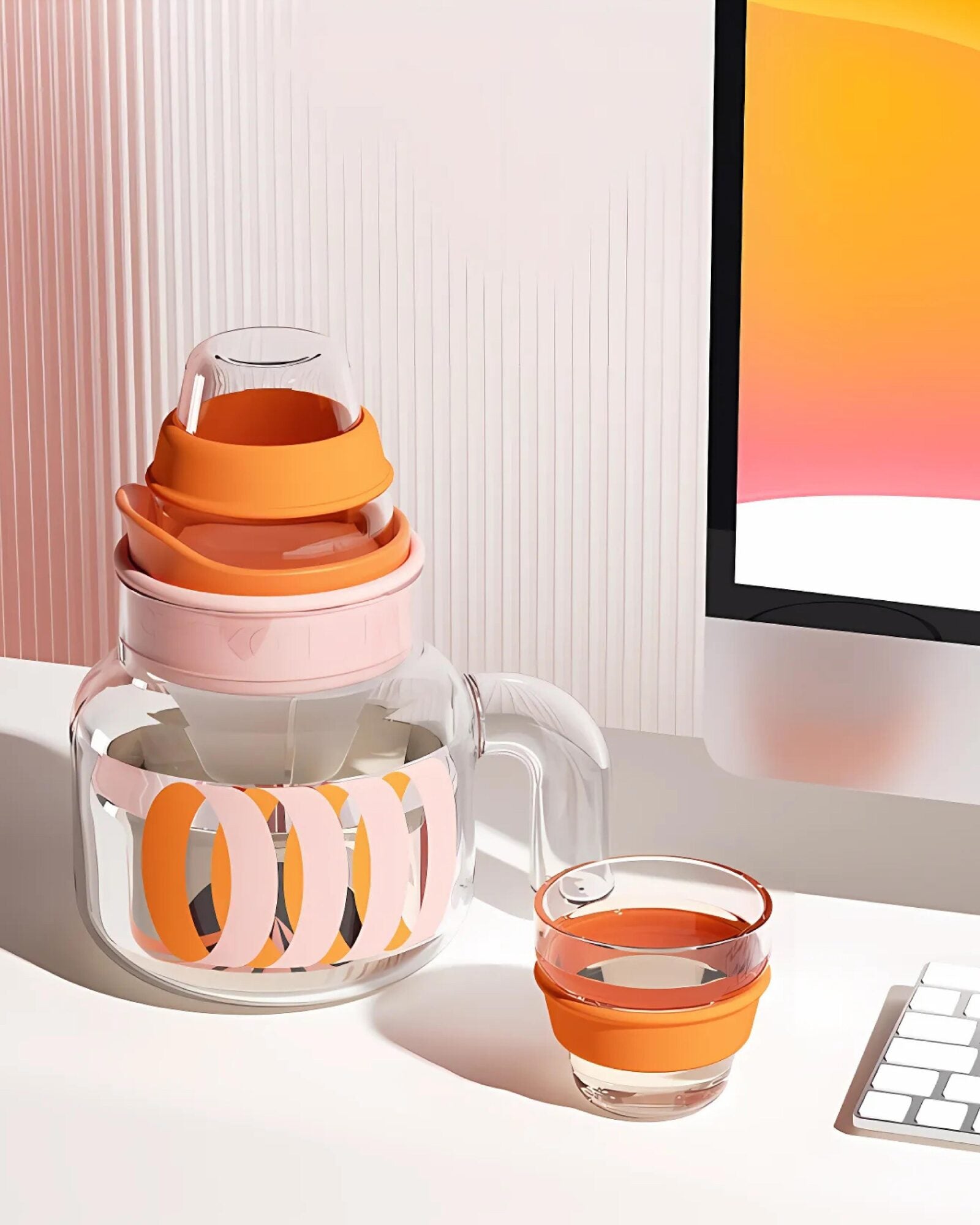 Glass Chubby Pot 1100ml - Orange Pink